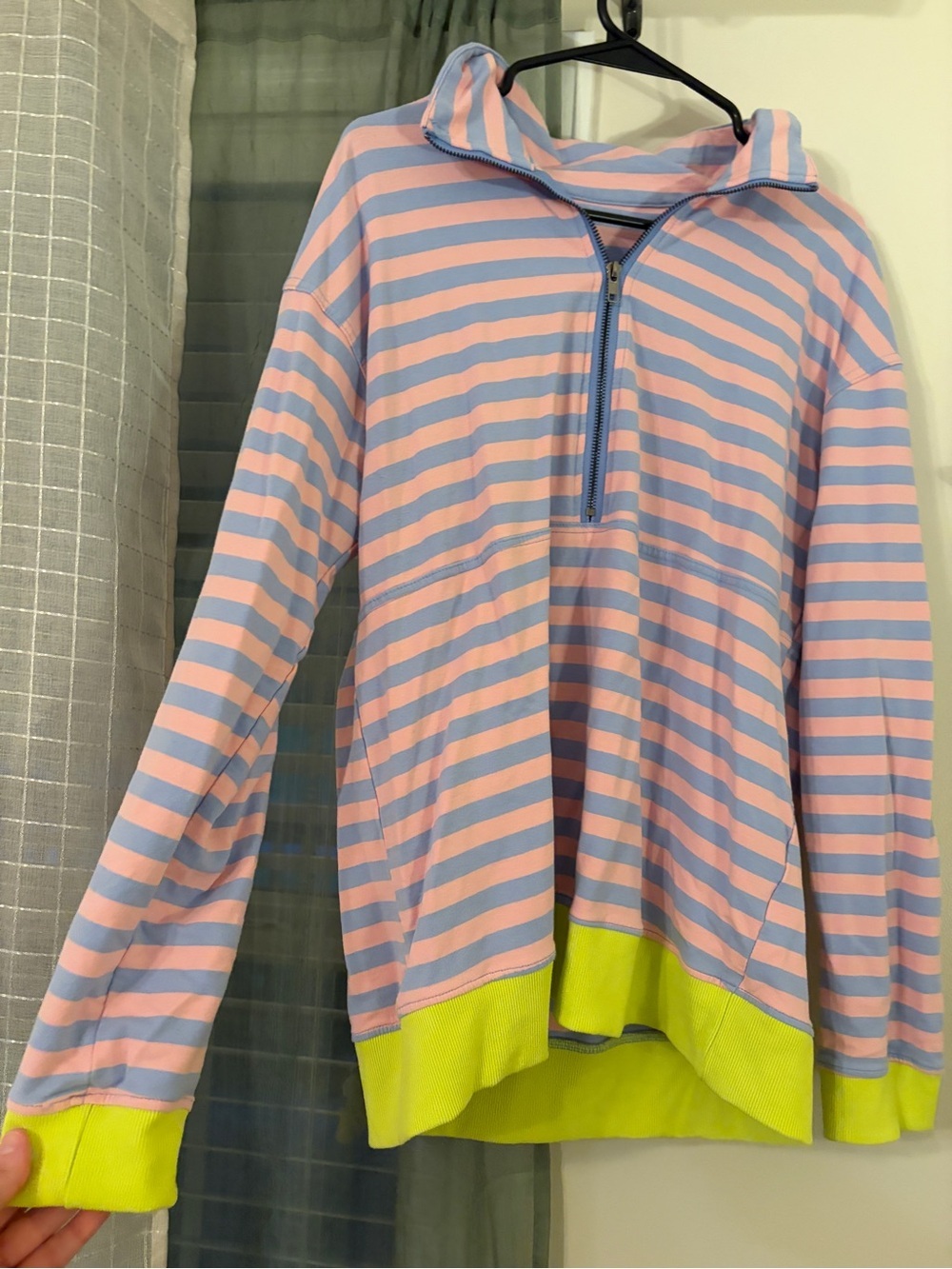 Striped Half-Zip Pullover in Pink & Blue with Neon Yellow Trim